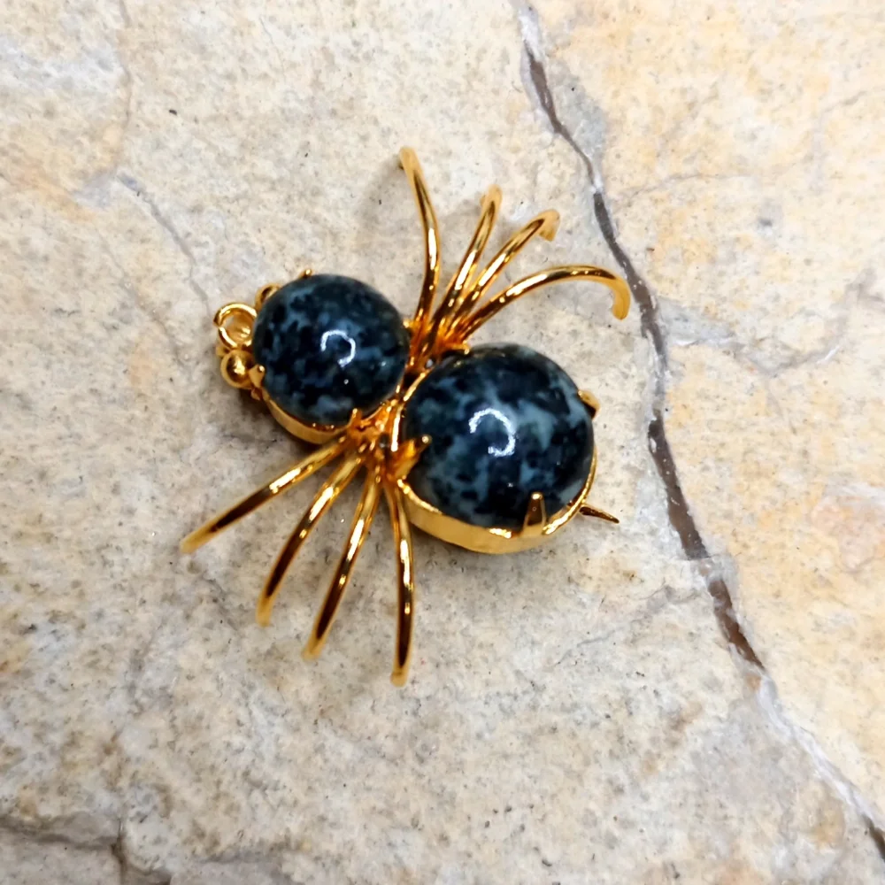 Vintage Jasper Stone Spider brooch black widow